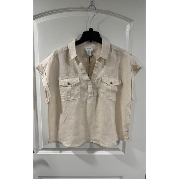 Nicole Miller Linen Top XL Beige Short Sleeve Button Pocket Boho NWT - Picture 2 of 10